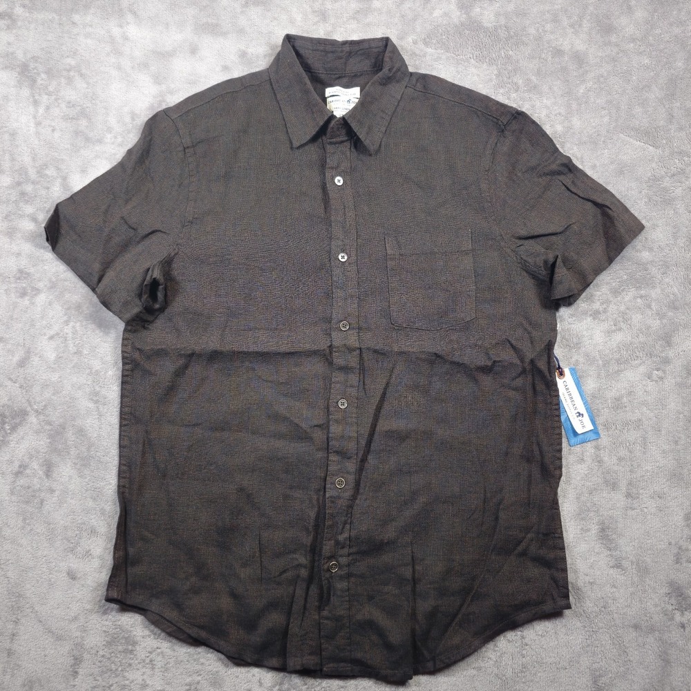 Caribbean Joe 100% Linen Short Sleeve Pocket Shirt Gray/brown Medium Button NWT